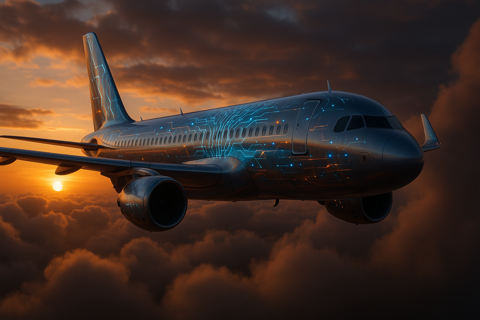 Avión comercial futurista volando sobre las nubes al atardecer, con patrones digitales luminosos que representan la inteligencia artificial integrada en la aviación.