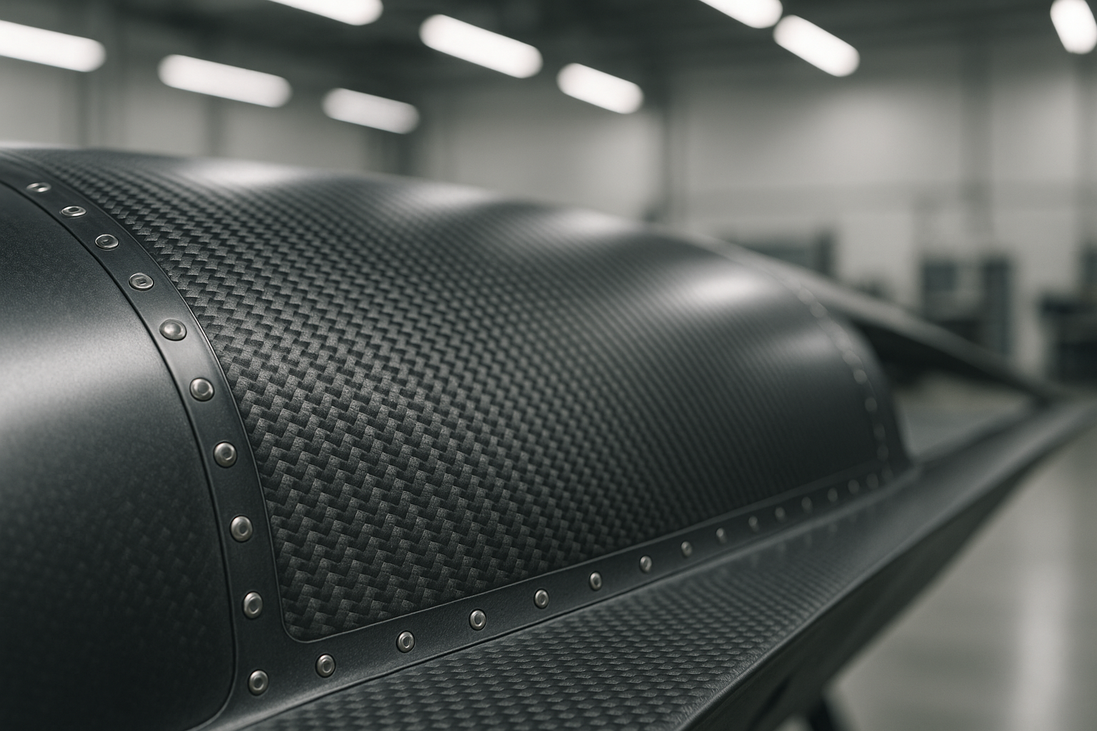 Detalle hiperrealista de fibra de carbono utilizada en componentes de aviación, mostrando su textura entrelazada y brillo metálico.