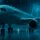 Avión dentro de un hangar futurista con efectos digitales que representan la integración de la inteligencia artificial en la aviación.